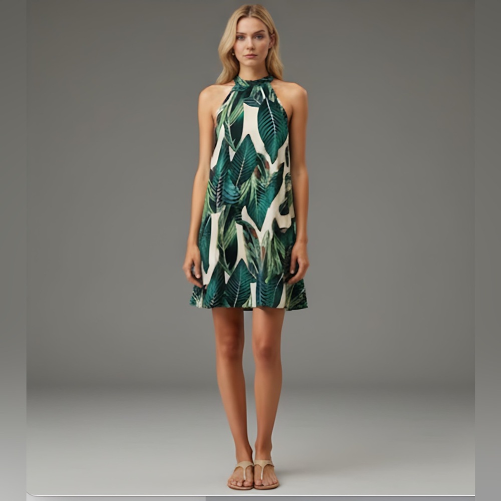 Tropical Print Tie Back Halter Dress
